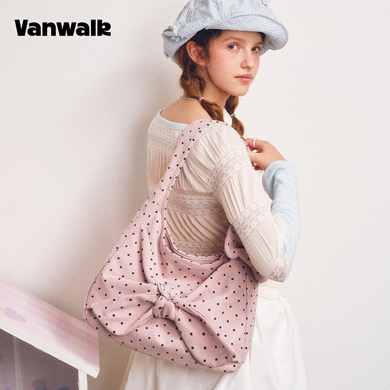 VANWALK Cocoa Pie Series Coquette Big Bow Polka Dot Shoulder Hobo Bag V3107
